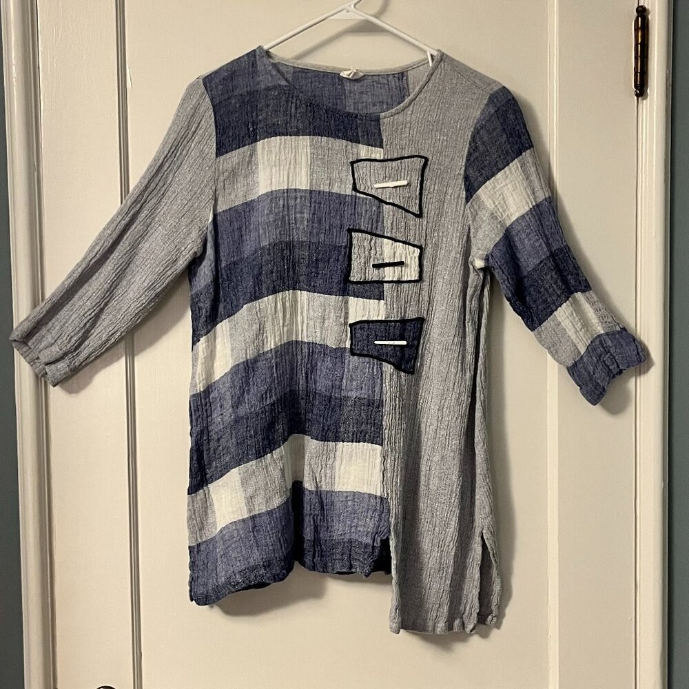 Et' Lois linen tunic blouse size medium plaid patchwork lagenlook asymmetric